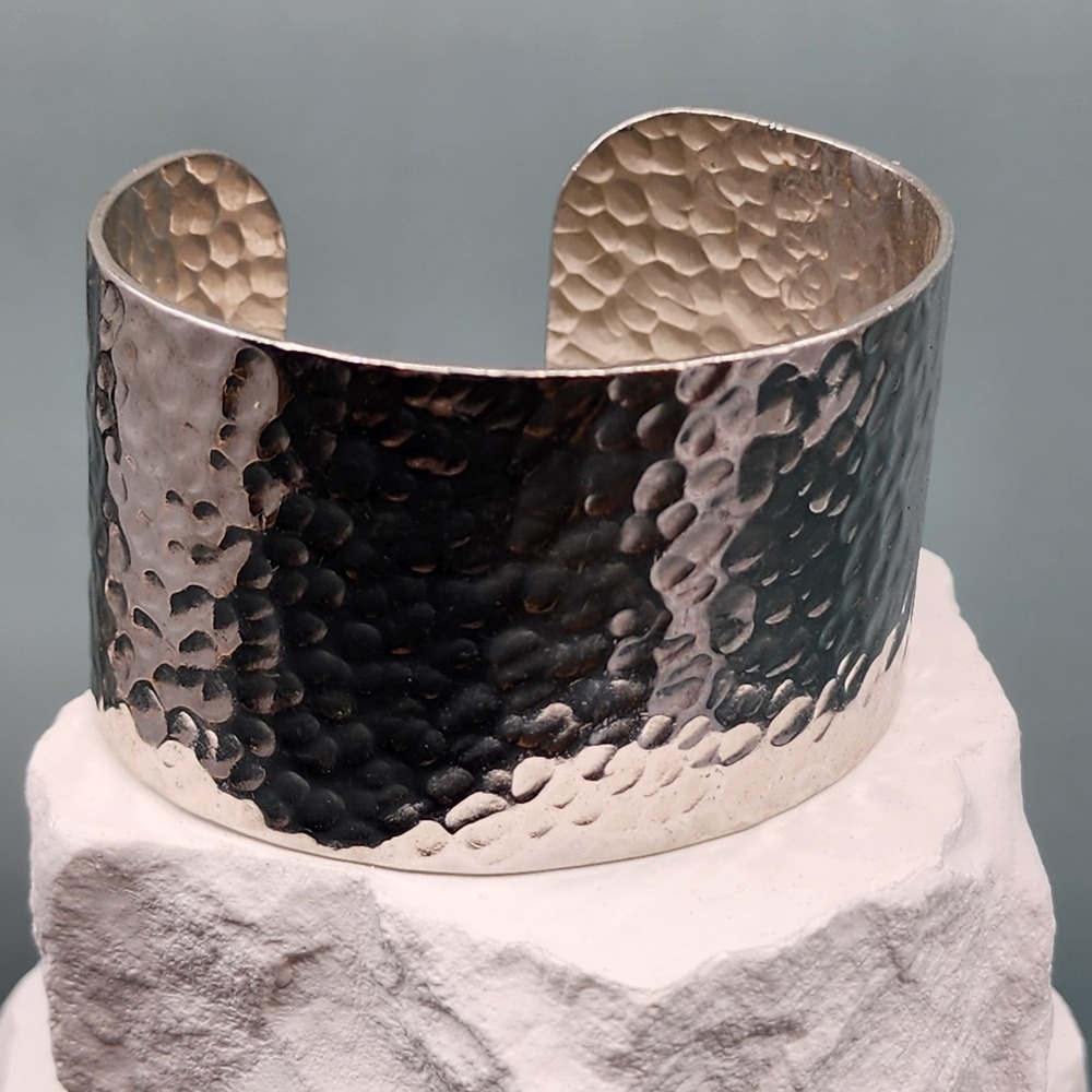 Trifari Silver Tone Hammered Wide Cuff Bracelet Textured Modernist Statement